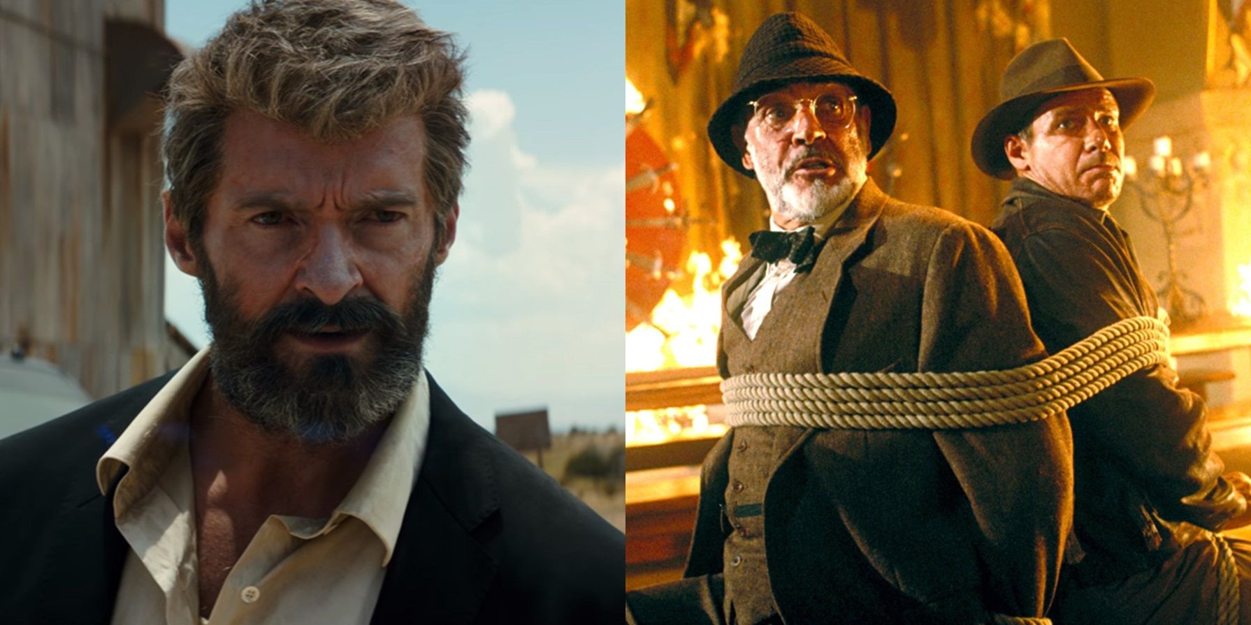 Split image of Hugh Jackman in Logan and Sean Connery and Harrison Ford in Indiana Jones and the Last Crusade