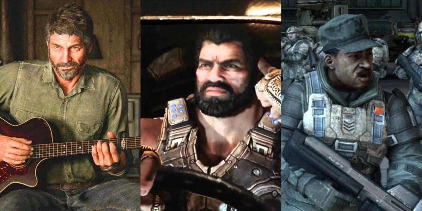Split image of Joel playing a guitar, Dom from Gears of War 3, and Johnson from Halo