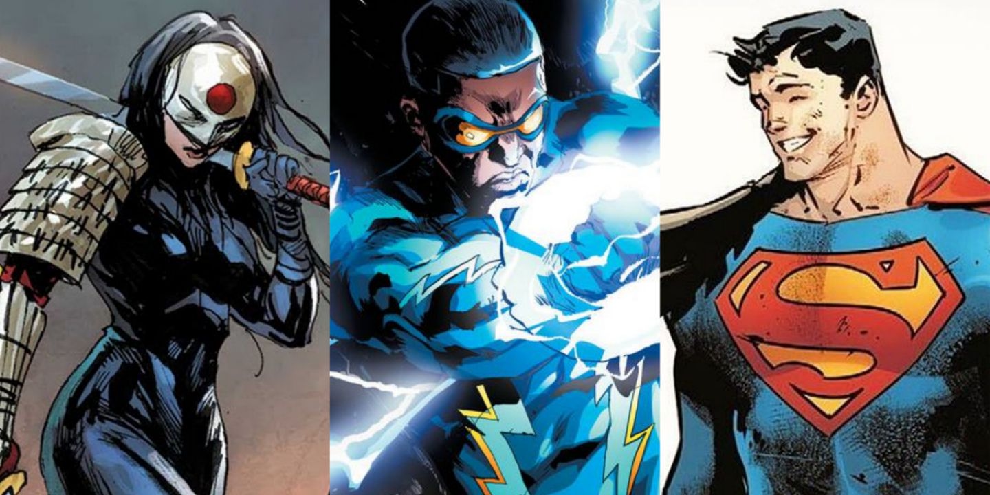 Split image of Katana, Black Lightning, and Superman in DC comics