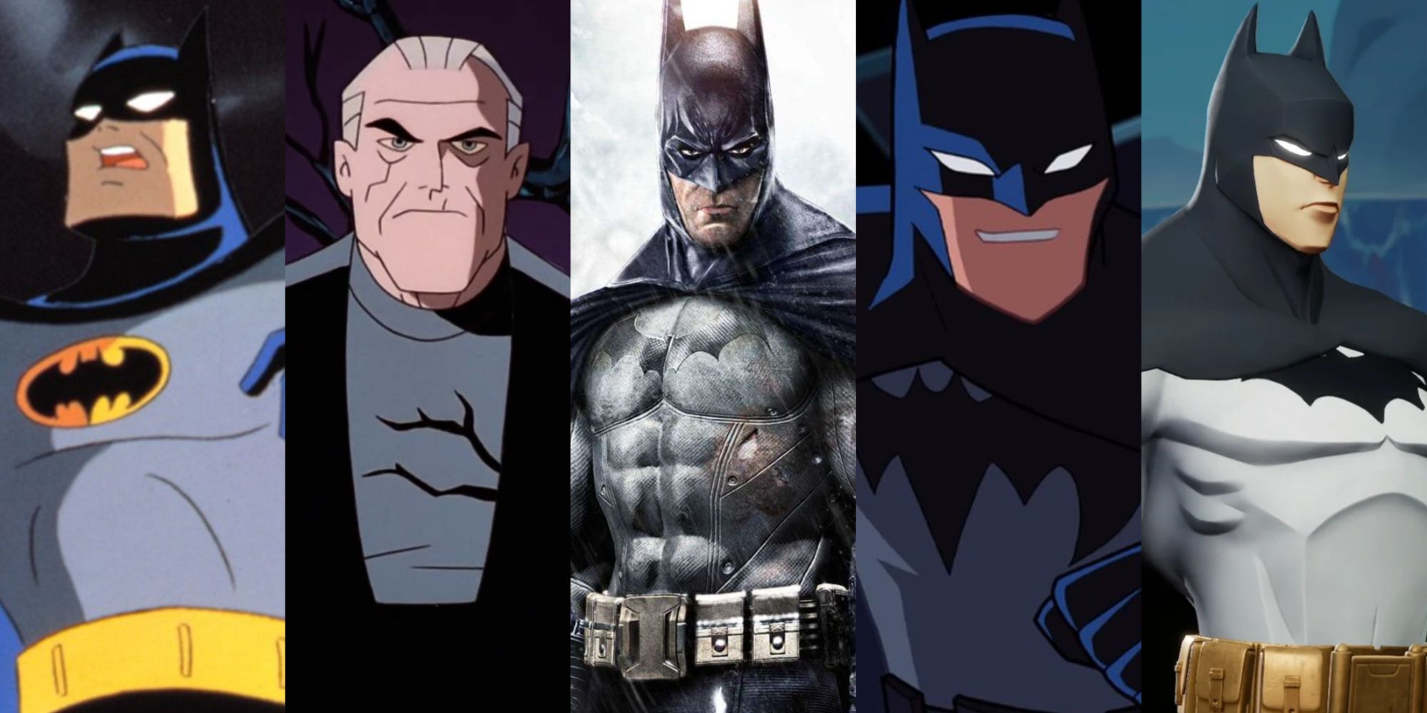 Imagem dividida das várias versões de Batman de Kevin Conroy ao longo dos anos