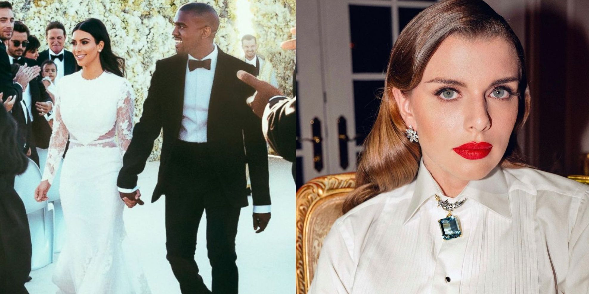 Split image of Kim and Kanye, and Julia Fox