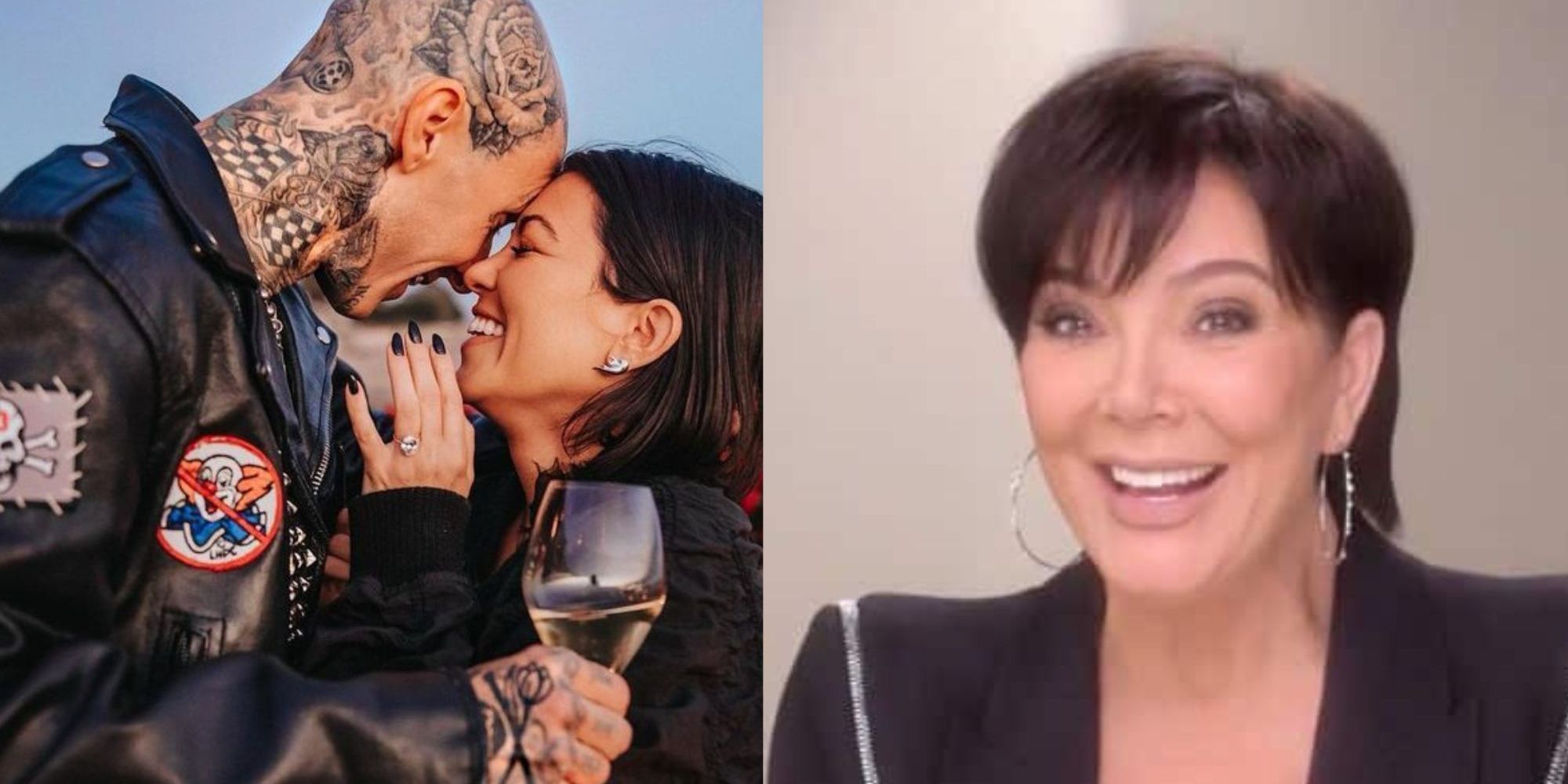 Split image of Kourtney Kardashain, Travis Barker and Kris Jenner