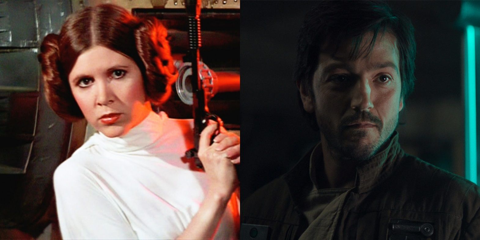 Split image of Leia in Star Wars and Cassian Andor in Rogue One