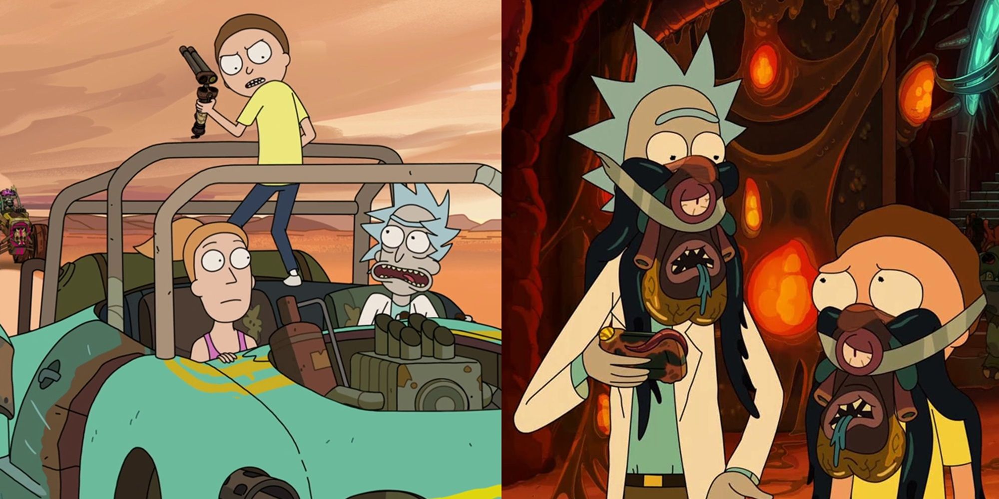 Split image of Mad Max and Alien parodies in Rick and Morty