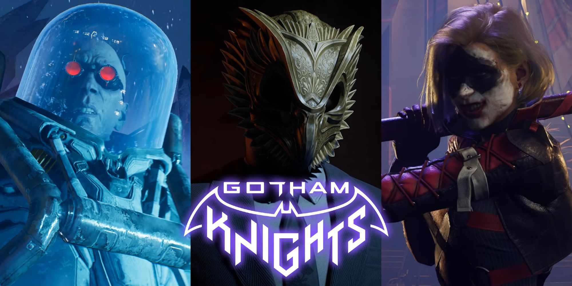Split image of Mr. Freeze, The Voice Of The Court, and Harley Quinn in Gotham Knights (2022)