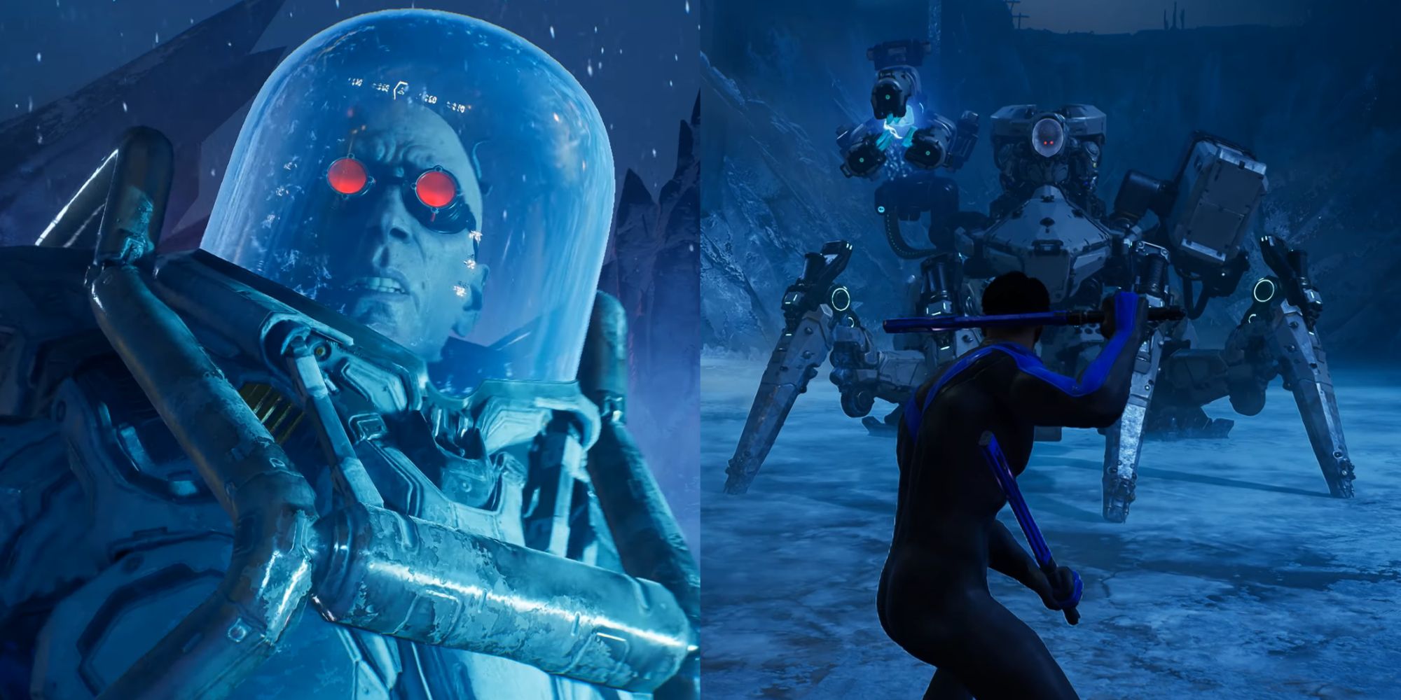 Split image of Mr. Freeze in his exo-suit and Spider-Mech in Gotham Knights (2022)