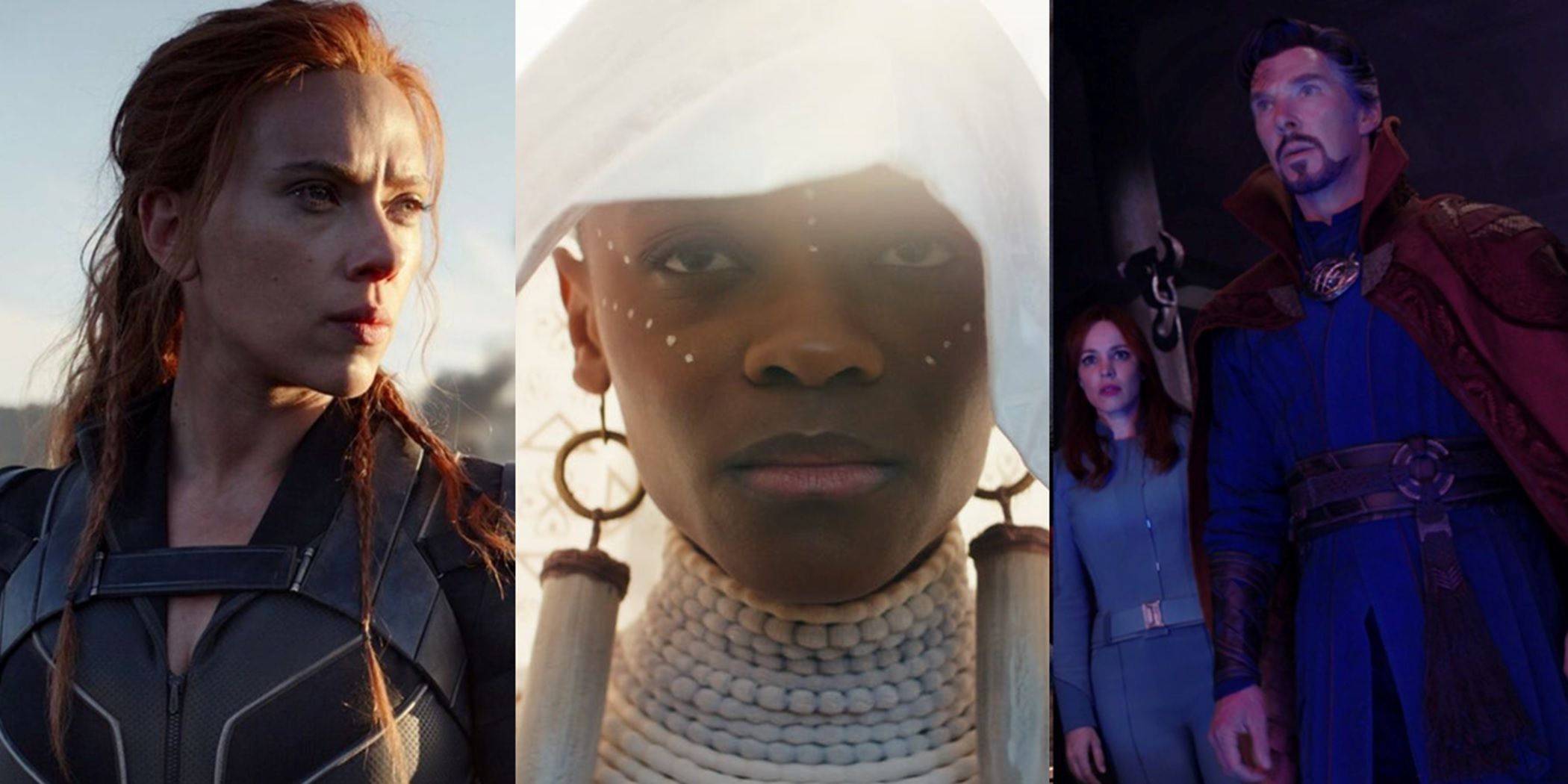 Split image of Nat in Black Widow, Shuri in Wakanda Forever, and Doctor Strange in Multiverse of Madness