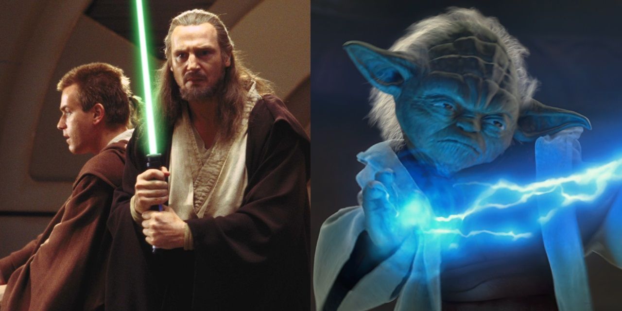 Split image of Qui-Gon and Obi-Wan in The Phantom Menace and Yoda in Attack of the Clones