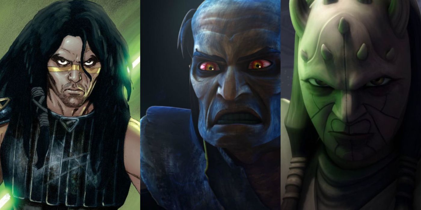 Split image of Quinlan Vos, Sifo-Dyas, and Eeth Koth in Star Wars