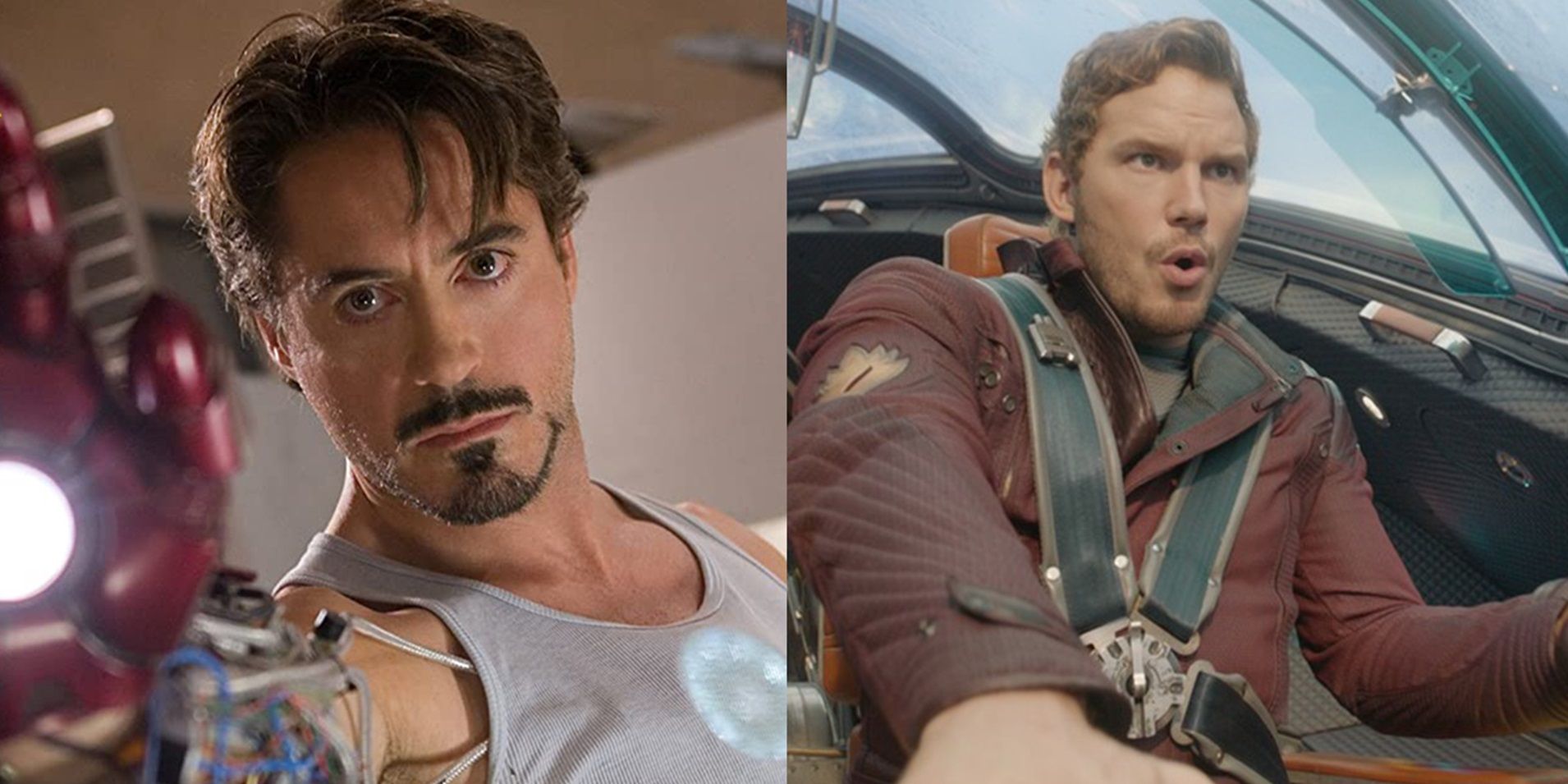 Split image of Robert Downey Jr in Iron Man and Chris Pratt in Guardians of the Galaxy