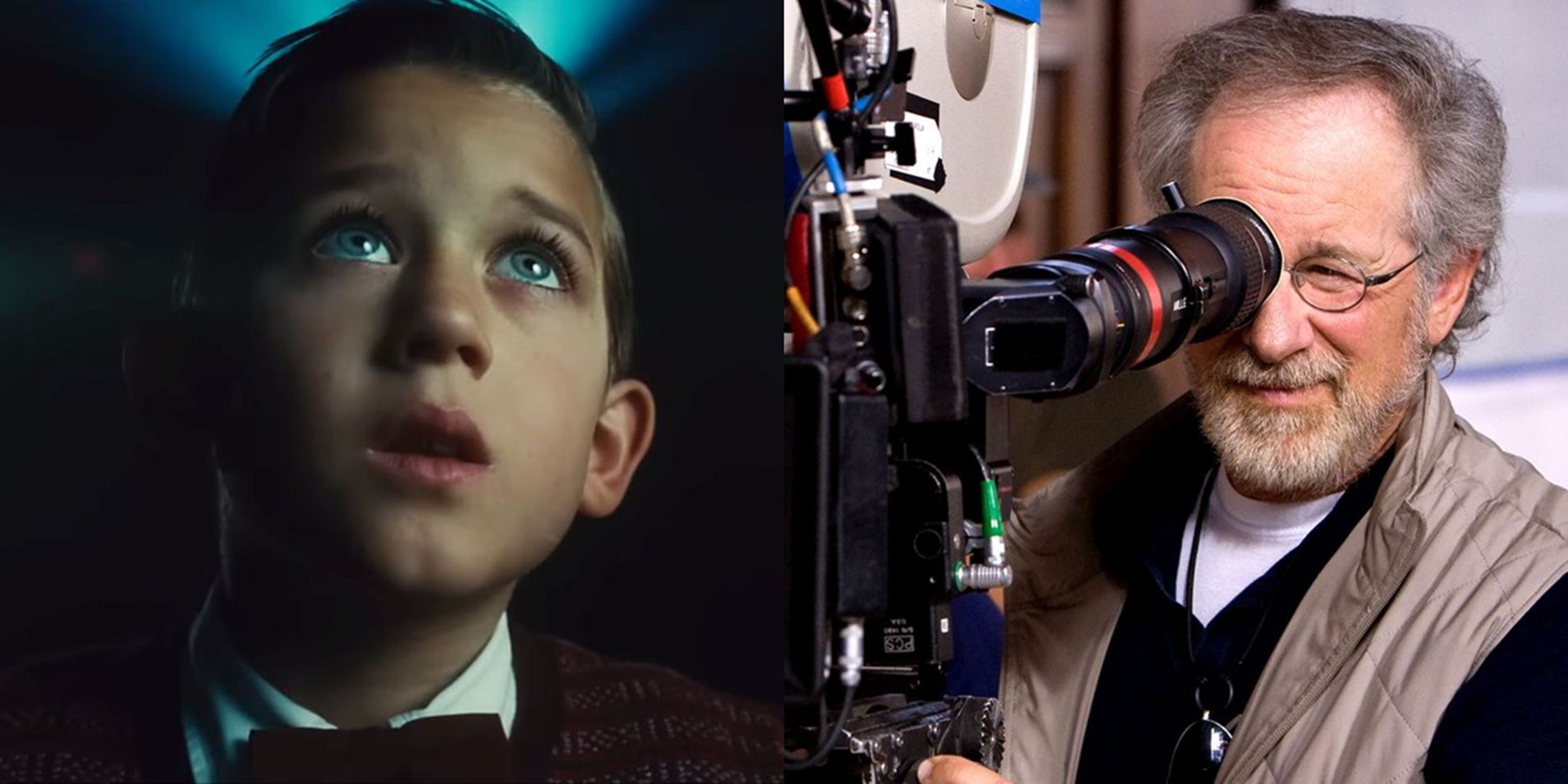 Split image of Sammy watching a movie in The Fabelmans and Steven Spielberg on set with a camera