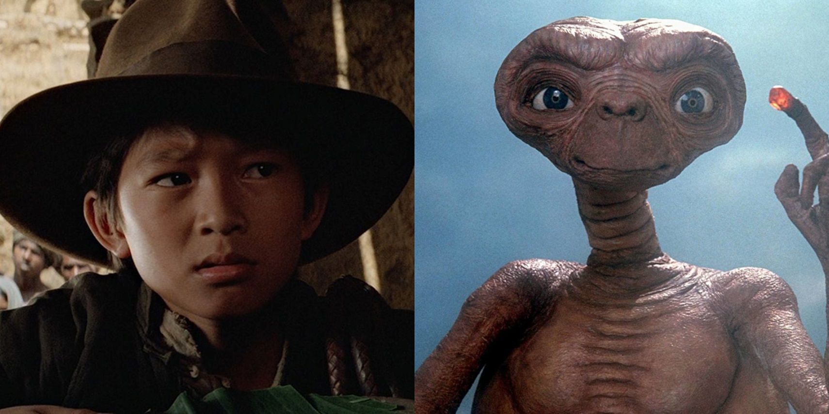 Split image of Short Round wearing Indy's hat and ET with a glowing fingertip
