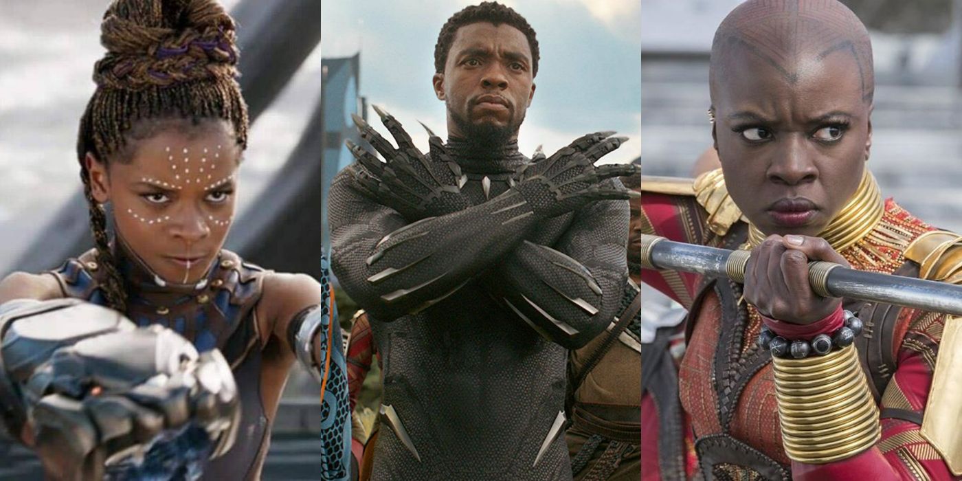 Split image of Shuri using blasters, T'Challa opening his claws, and Okoye putting her spear up in the MCU