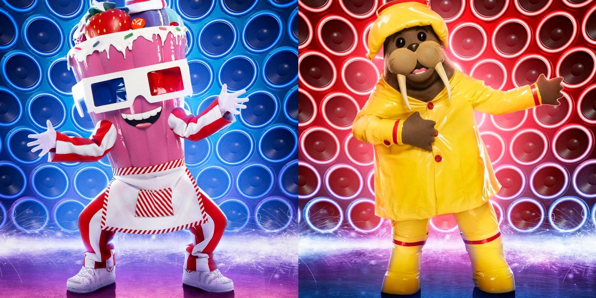 Split image of The Masked Singer contestants Milkshake and Walrus