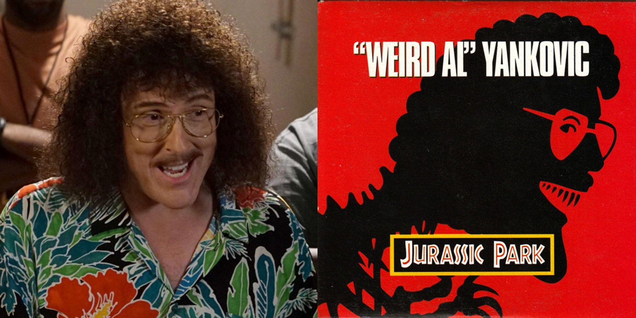 Split image of Weird Al Yankovic and his Jurassic Park single