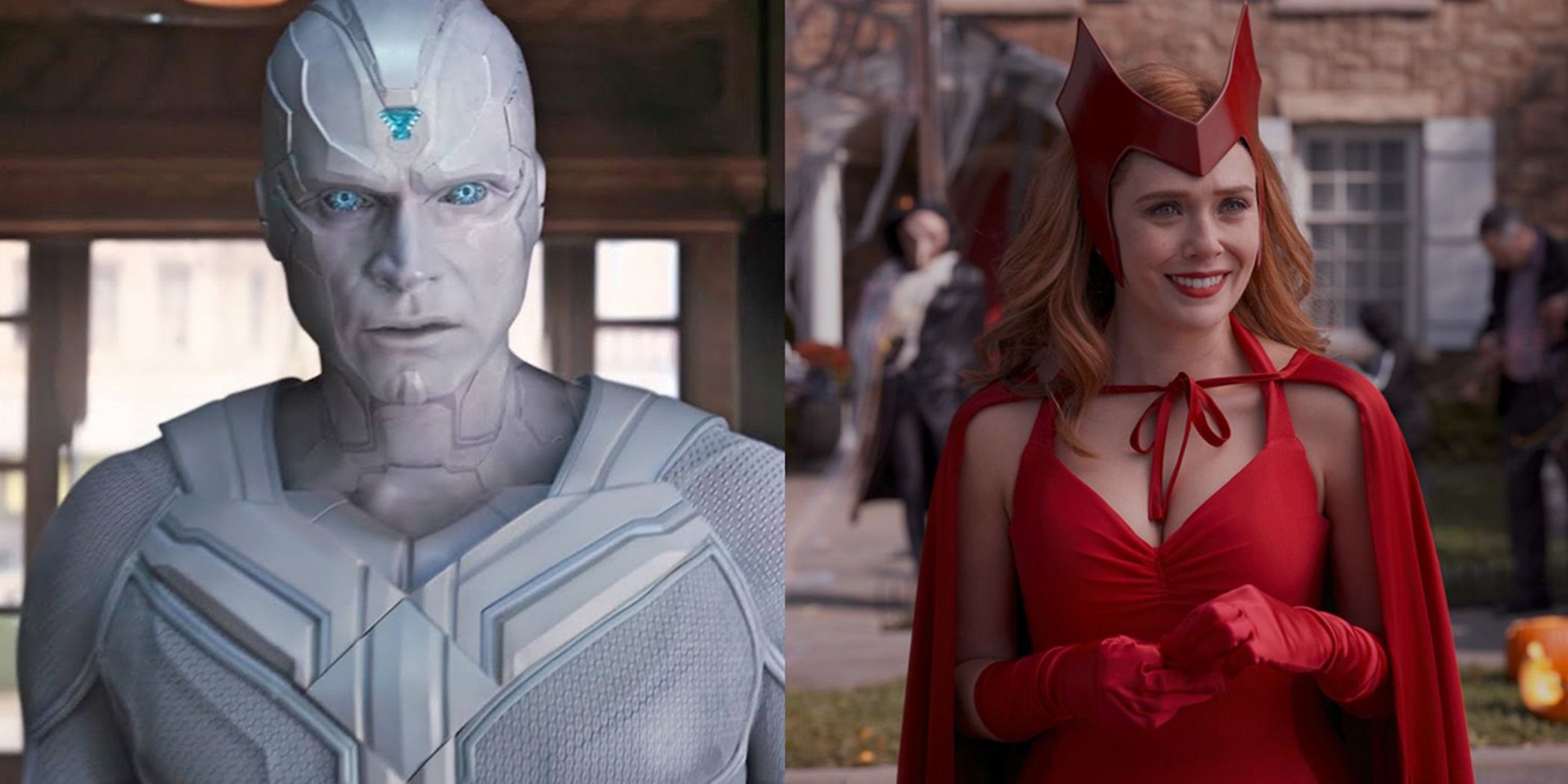 Split image of White Vision and Wanda Maximoff in costume in WandaVision