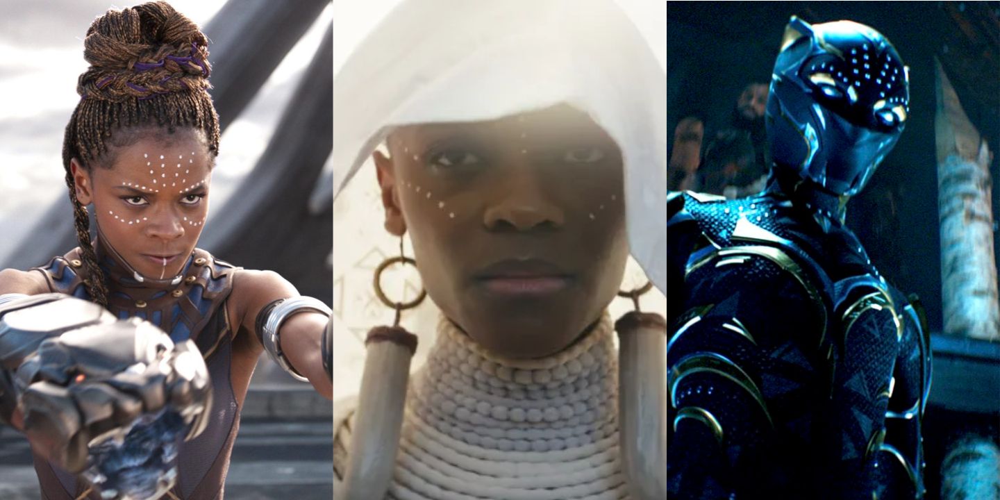 Split image of an armed Shuri in Black Panther, Shuri mourning in Wakanda Forever, and Shuri in her Black Panther suit