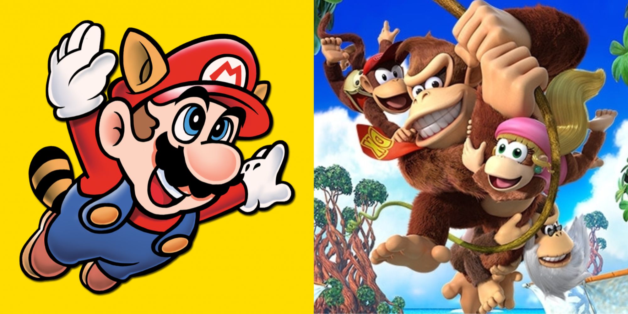 Split image of stills from Super Mario Bros 3 and Donkey Kong Country Tropical Freeze