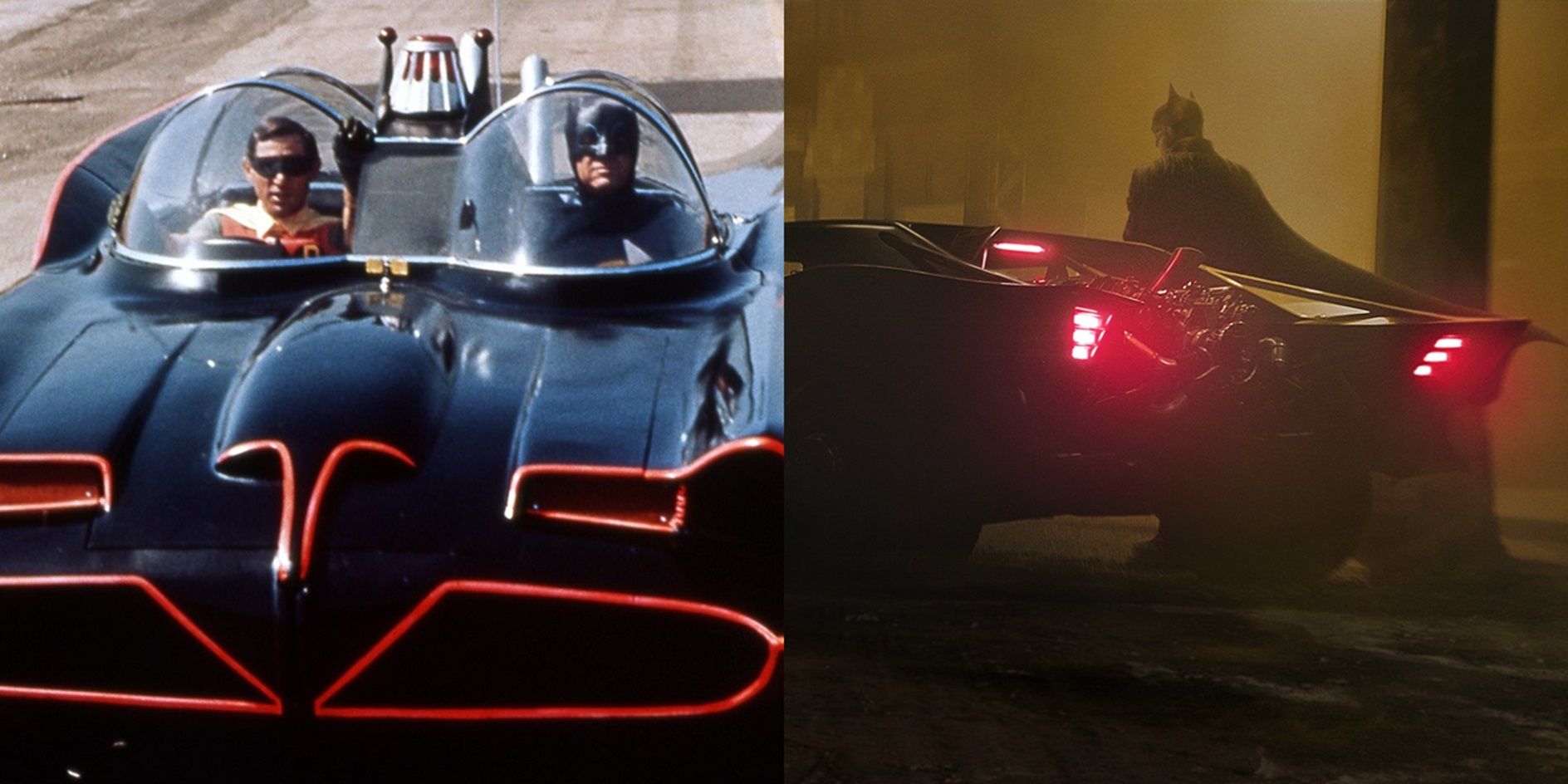Split image of the Batmobile in Batman 66 and the Batmobile in The Batman
