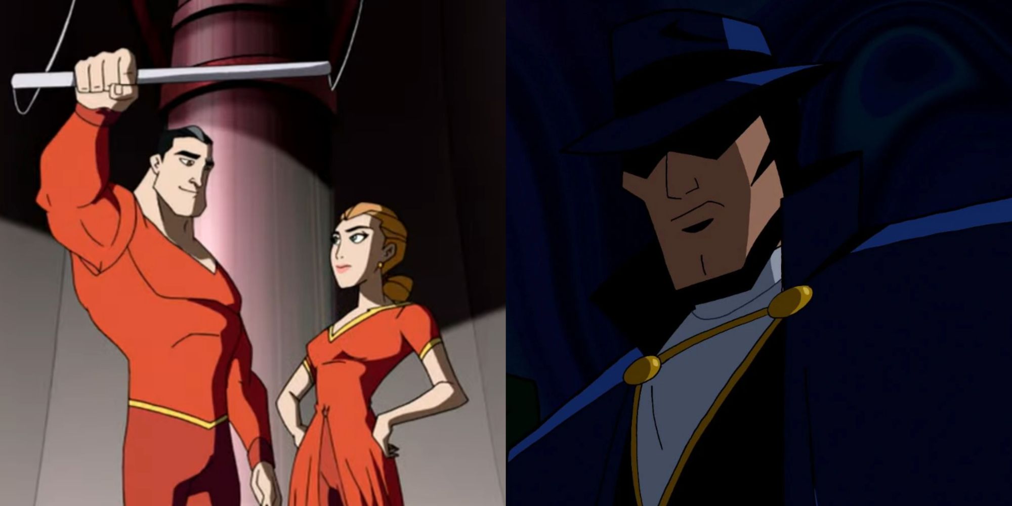 Imagem dividida dos Flying Graysons em The Batman (2004) e The Phantom Stranger em Batman The Brave And The Bold (2008)