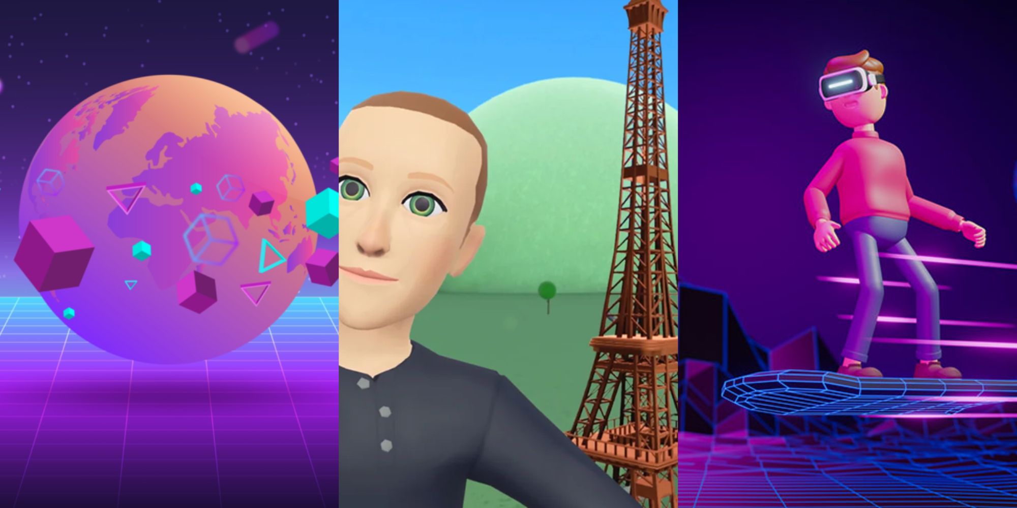 Split image of the Metaverse and Mark Zuckerberg feature