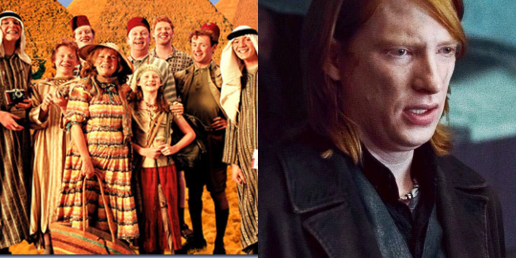 Split-image-of-the-Weasley-family-in-Egypt-and-Domhnall-Gleeson-as-Bill-in-Harry-Potter