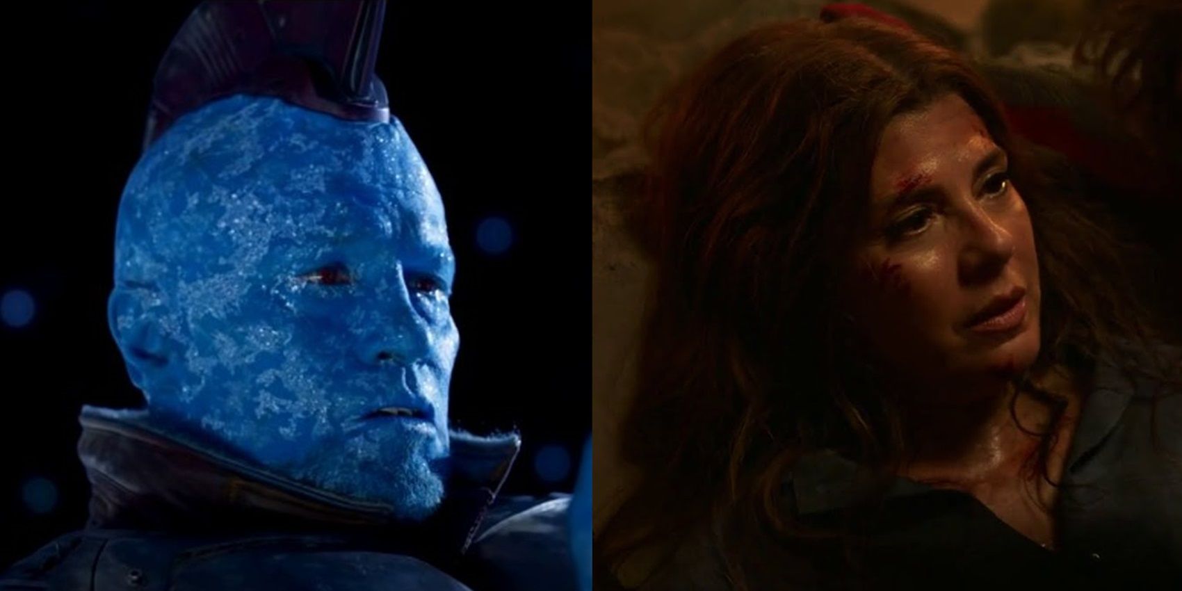 Split image of the deaths of Yondu and Aunt May in the MCU