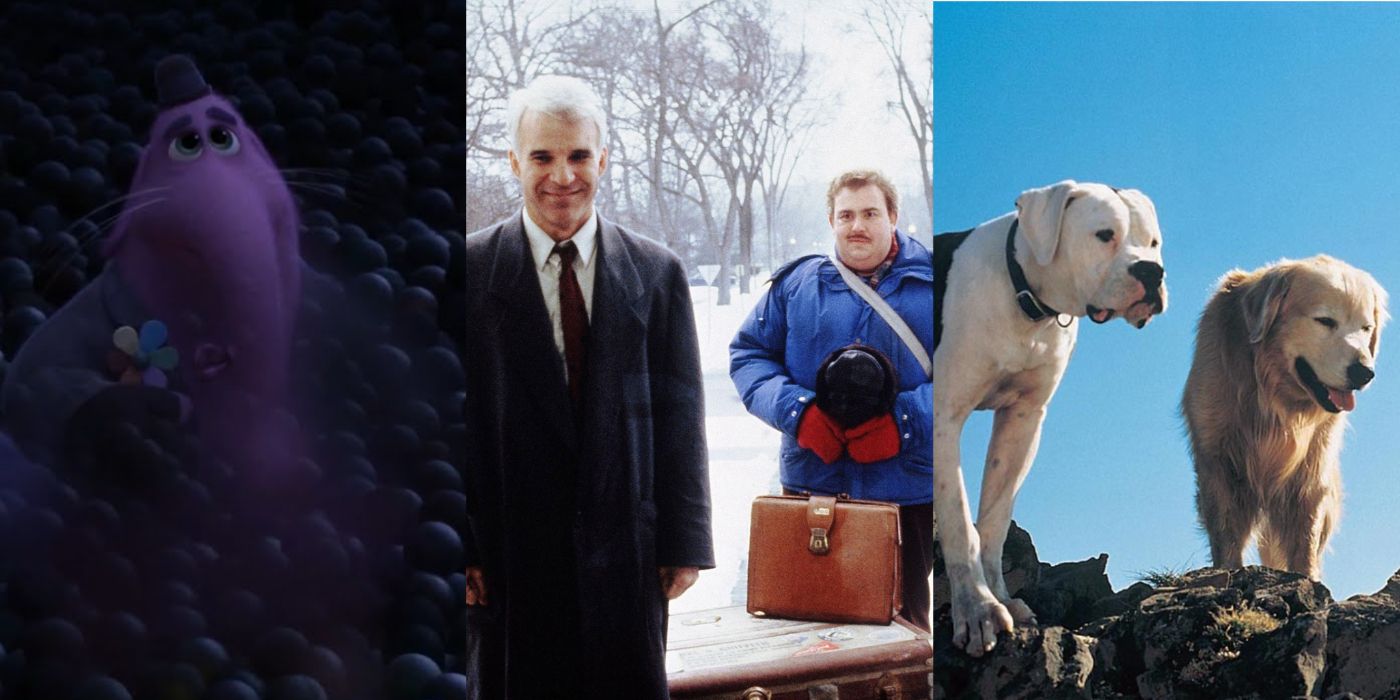 Split image of the movies Inside Out, Planes, Trains and automobiles, and Homeward Bound