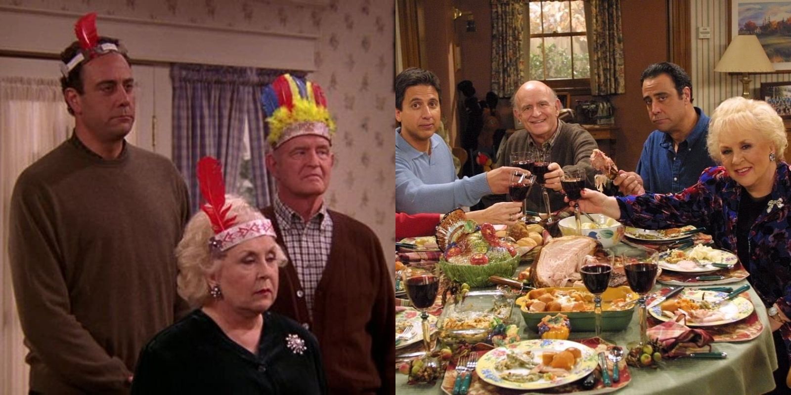 Split image of two Barone family Thanksgivings in Everybody Loves Raymond
