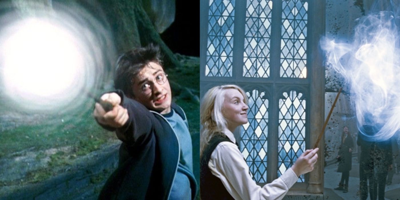 Split image showing Harry Potter and Luna Lovegood casting the Patronus spell