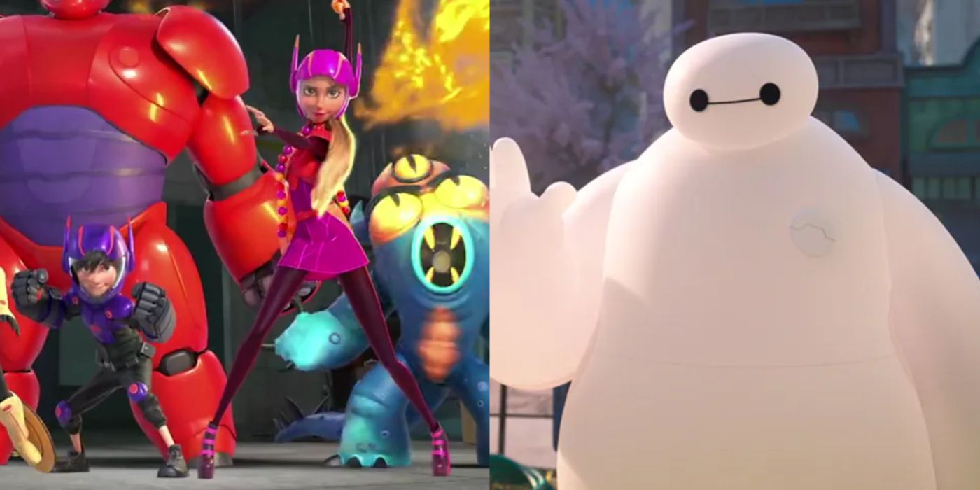 Split image showing Hiro, Honey Lemon and Fred, and Baymax in Big Hero 6