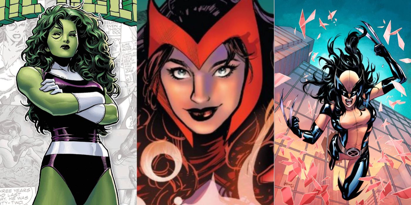 Split image showing She Hulk, Scarlet Witch, and Laura Kinney in Marvel Comics