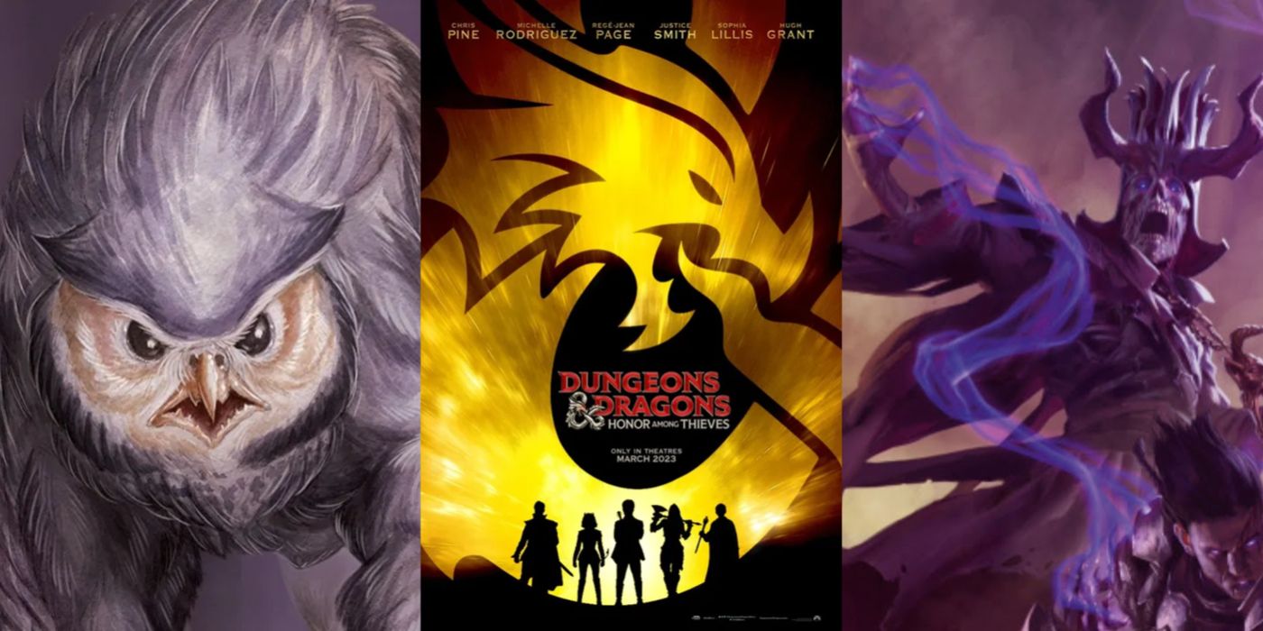 Split image showing an owlbear and lich from D&D, and the D&D movie poster