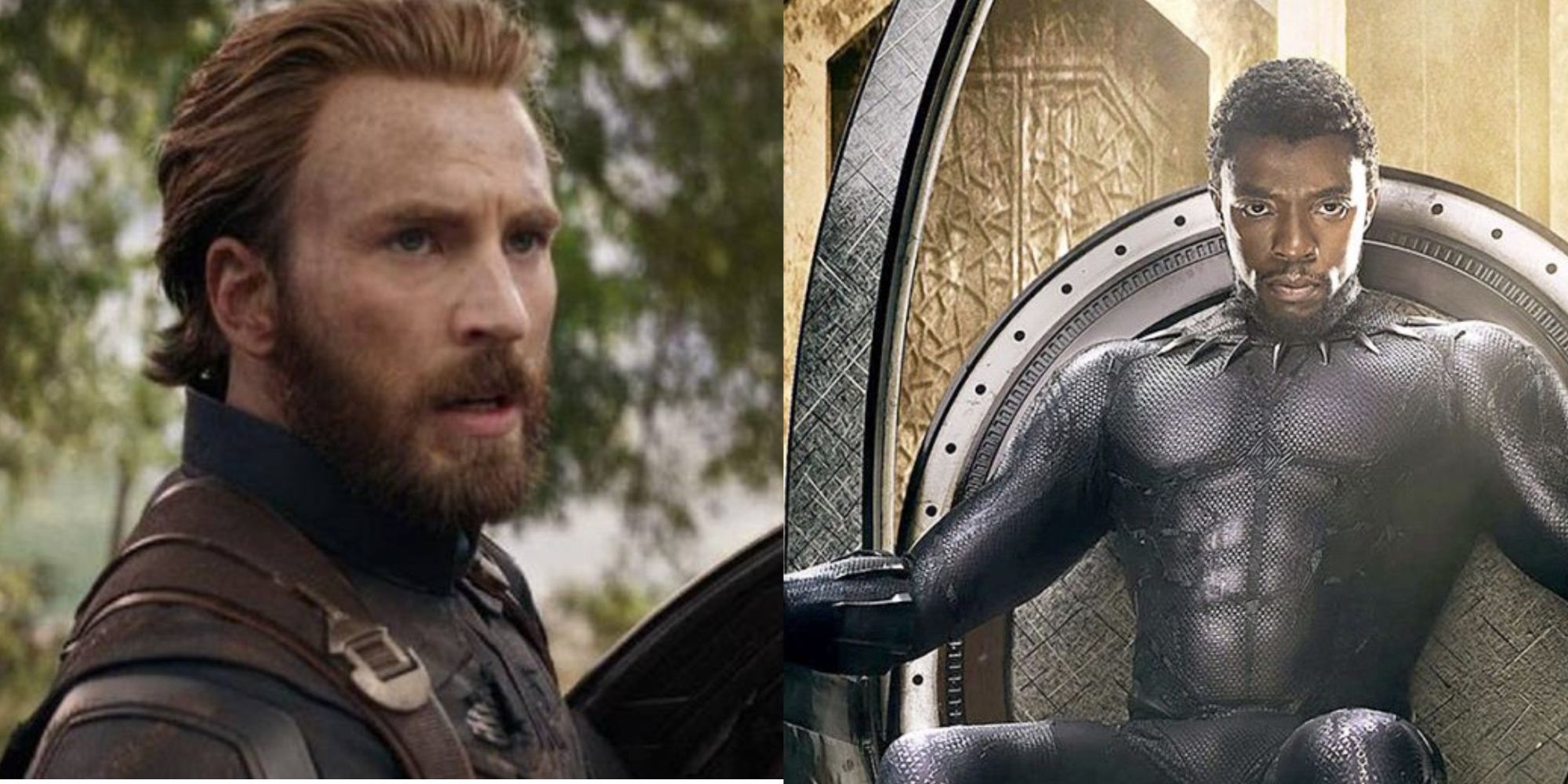 Split images of Captain America in Avengers Infinity War and T'Challa in Black Panther