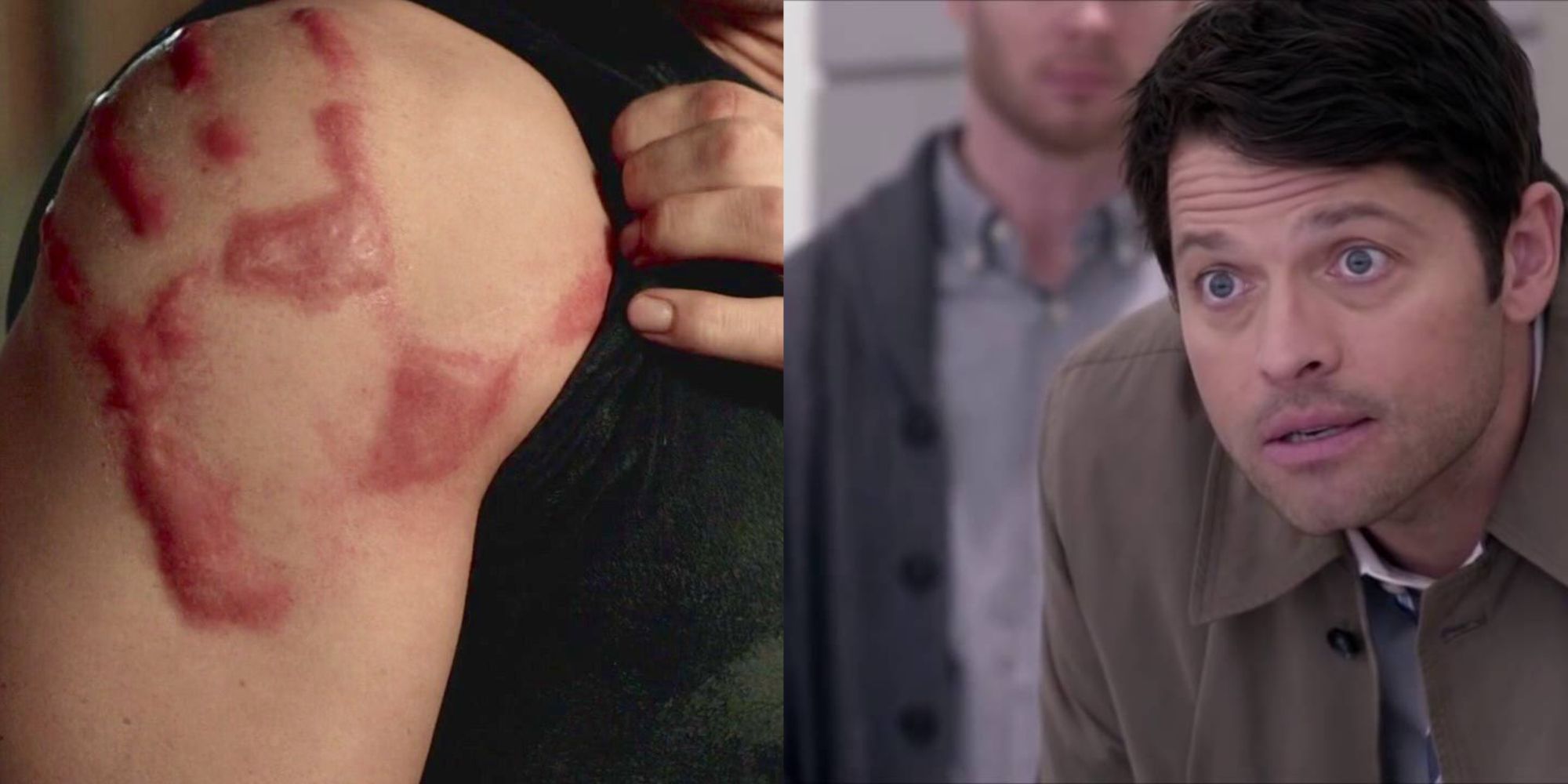 Split images of Castiel's handprint on Dean and Lucifer talking in Castiel's body in Supernatural