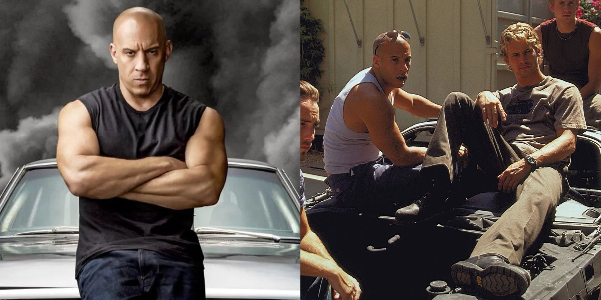 Split images of Dom looking angry and Dom and Brian sitting on a car in Fast and Furious