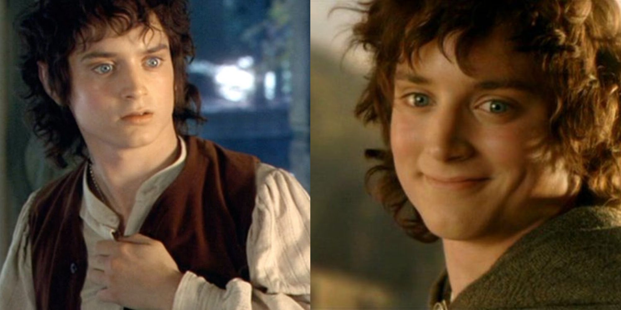 Split images of Frodo looking scared and Frodo smiling in The Lord of the Rings