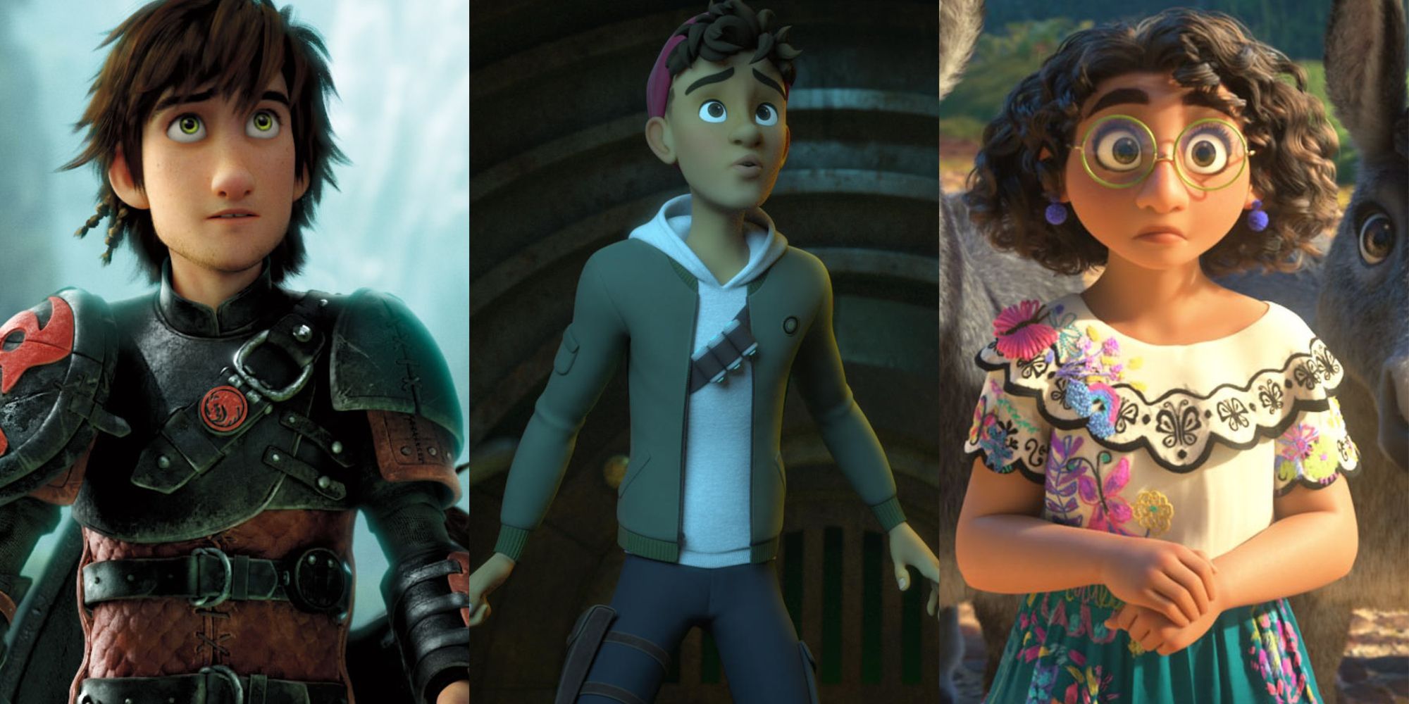 Split images of Hiccup in How to Train Your Dragon, Daniel Spellbound, and Mirabel in Encanto