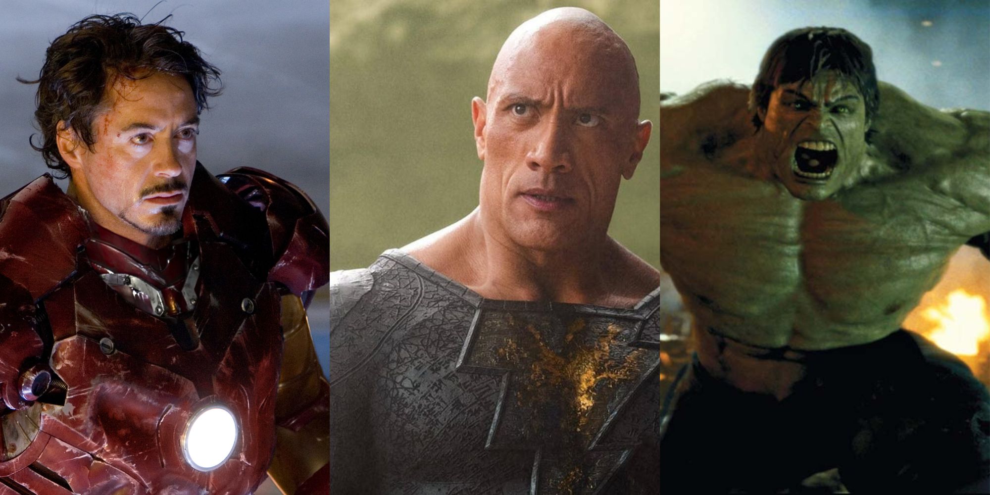 Split images of Iron Man, Black Adam, and The Hulk