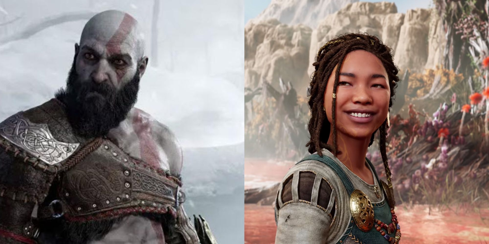 Split images of Kratos and Angrboda turning around in God of War Ragnarok