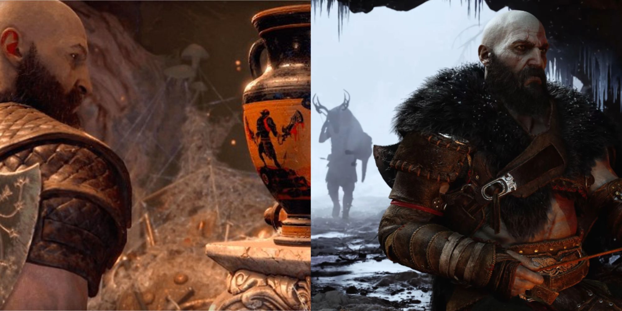 Split images of Kratos looking at a vase and Kratos wearing a fur coat in God of War
