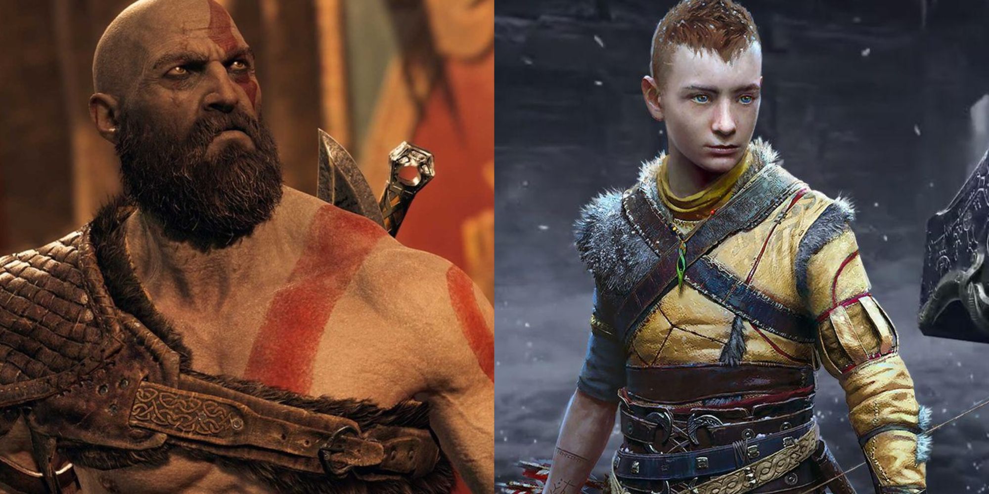 Split images of Kratos looking up and Atreus smiling in God of War Ragnarok