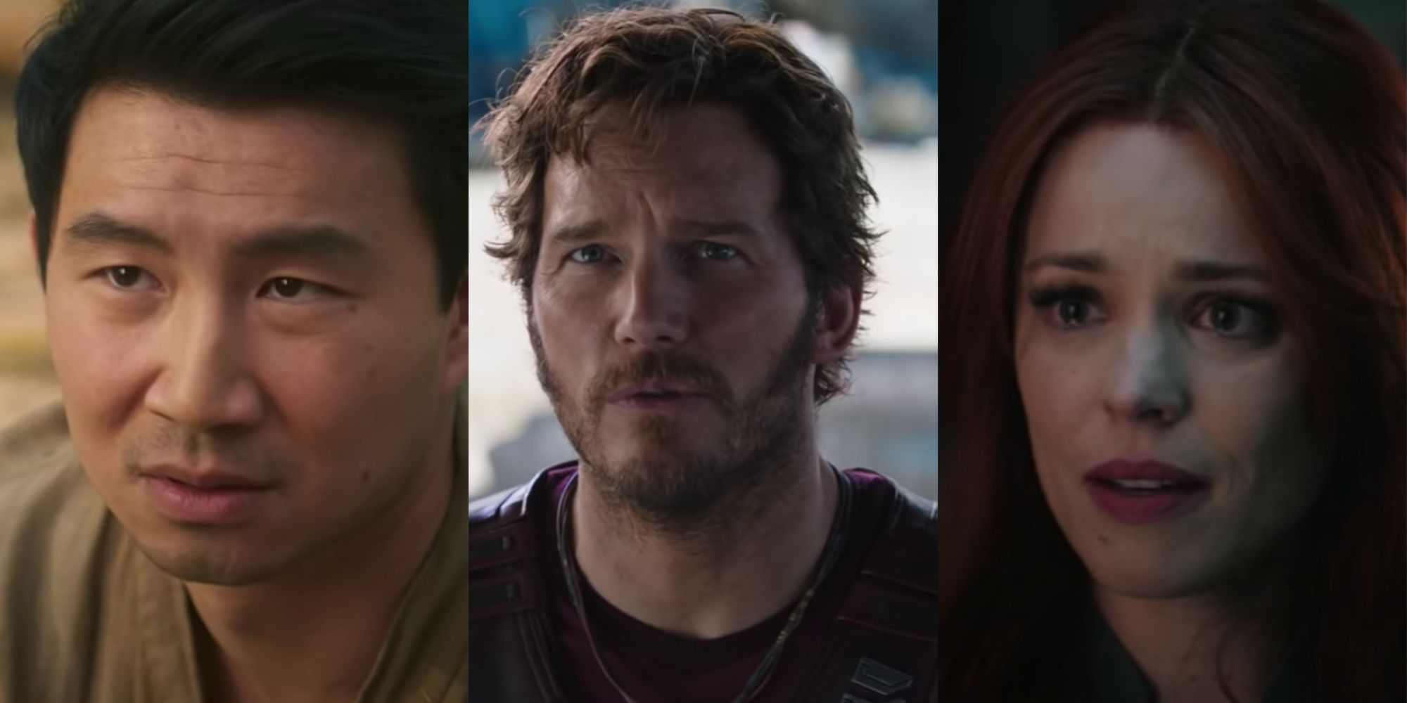 Split images of Shang-Chi, Star-Lord in Thor Love and Thunder, and Christine in Doctor Strange 2 all looking sad