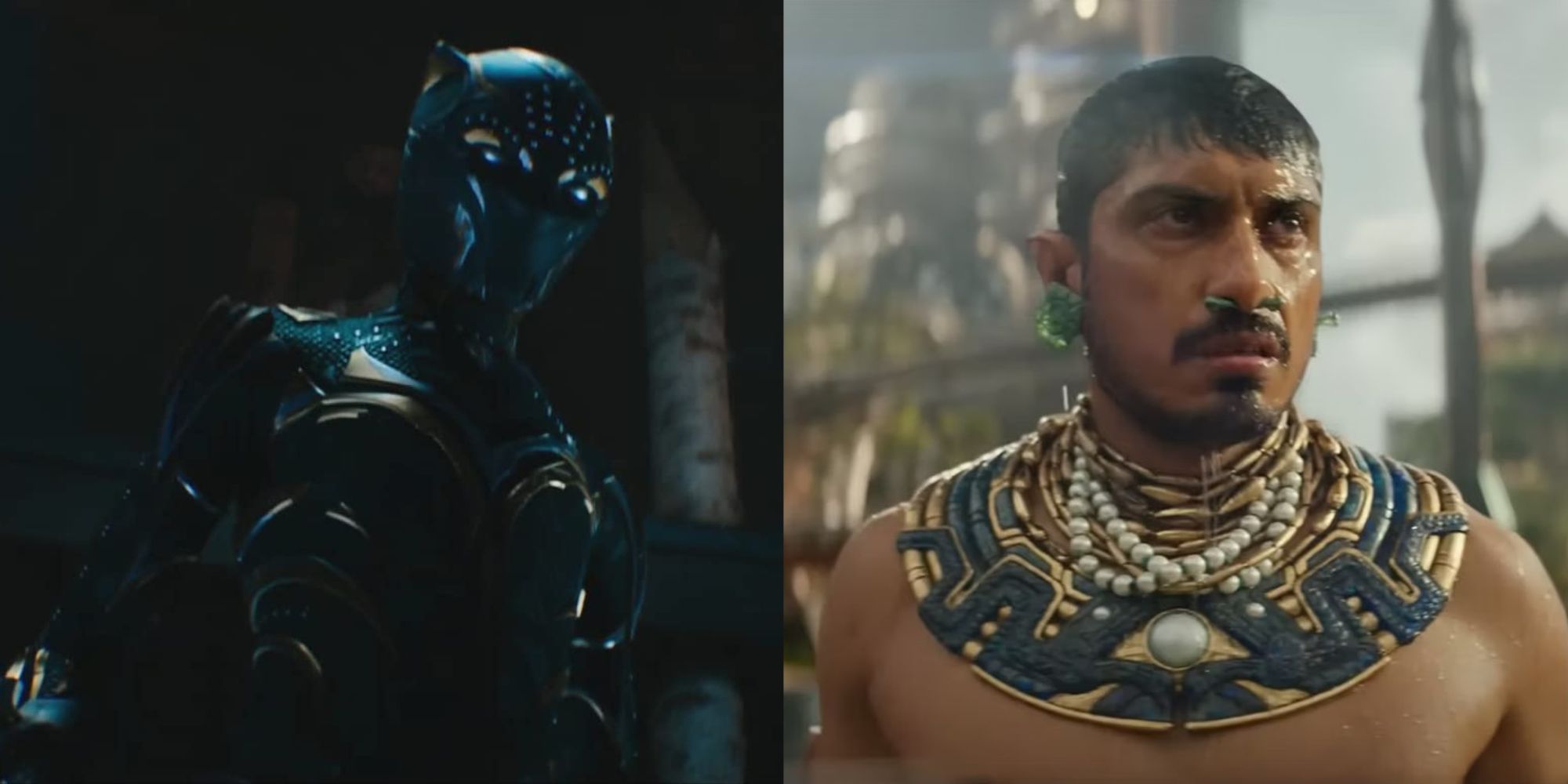 Split images of Shuri wearing Black Panther suit and Namor drenched in water in Black Panther 2