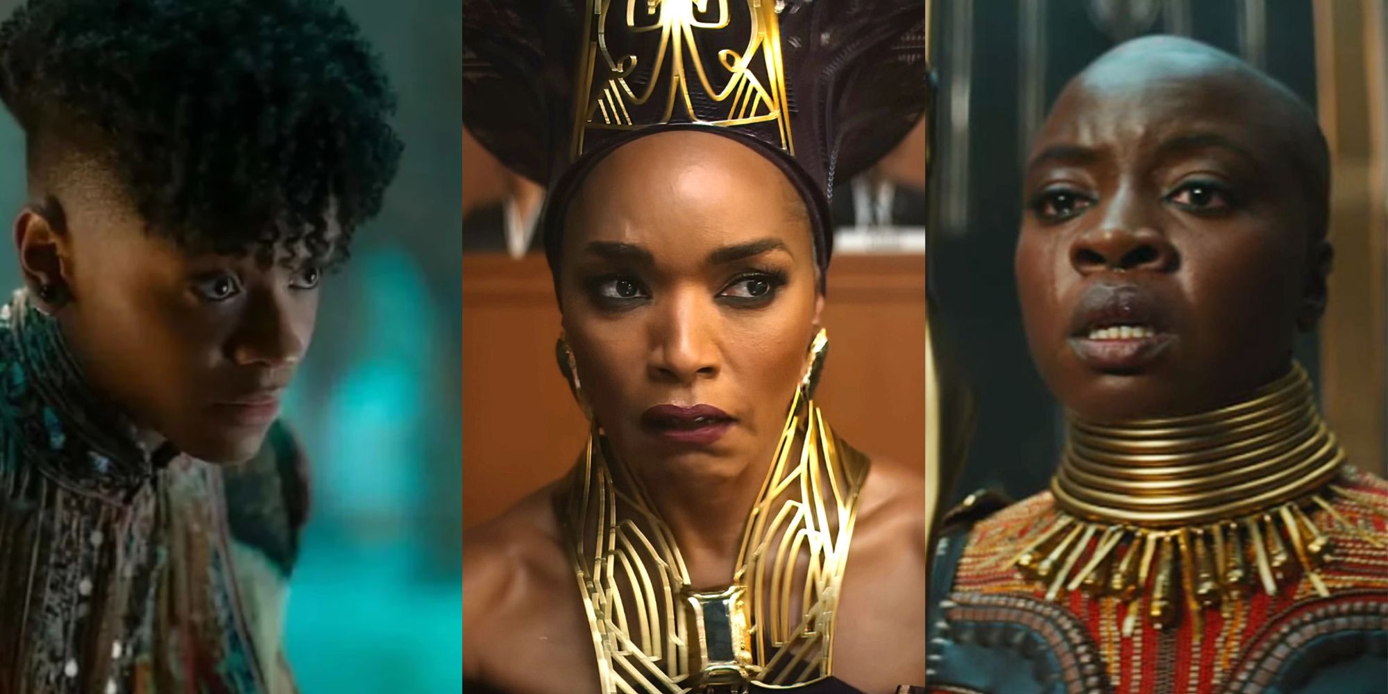 Split images of Shuri, Ramonda, and Okoye all looking sad in Black Panther 2