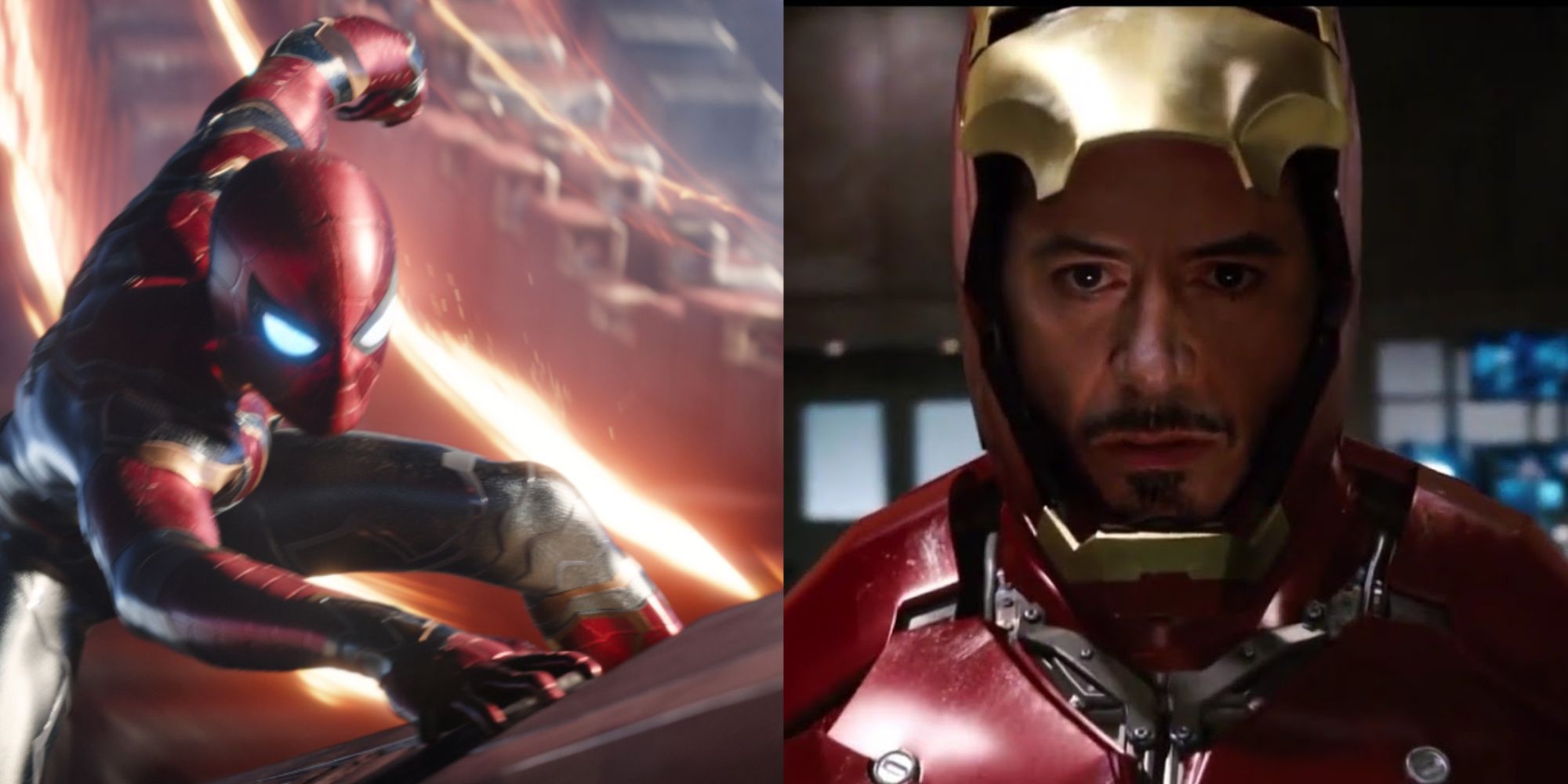 Split images of Spider-Man crouching in Avengers Infinity War and Iron Man putting on the suit