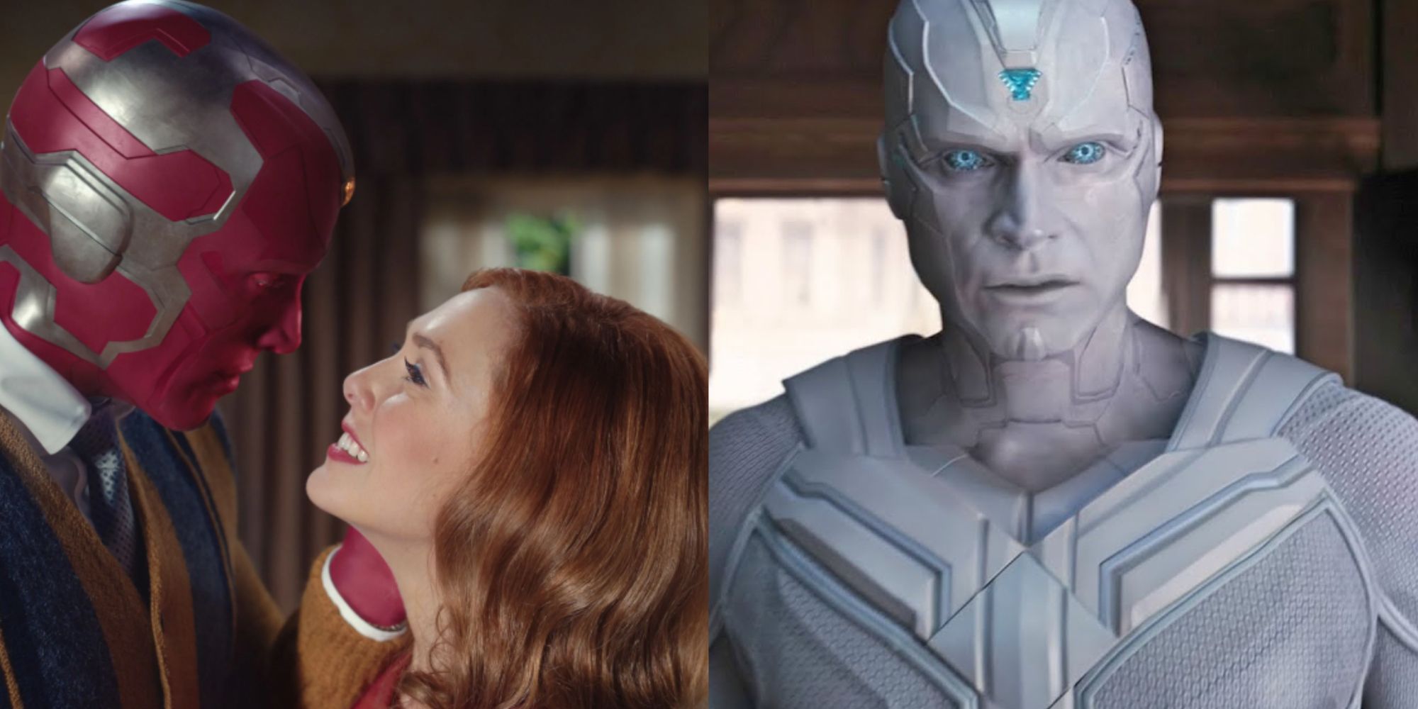 Split images of Vision and Wanda and White Vision in WandaVision
