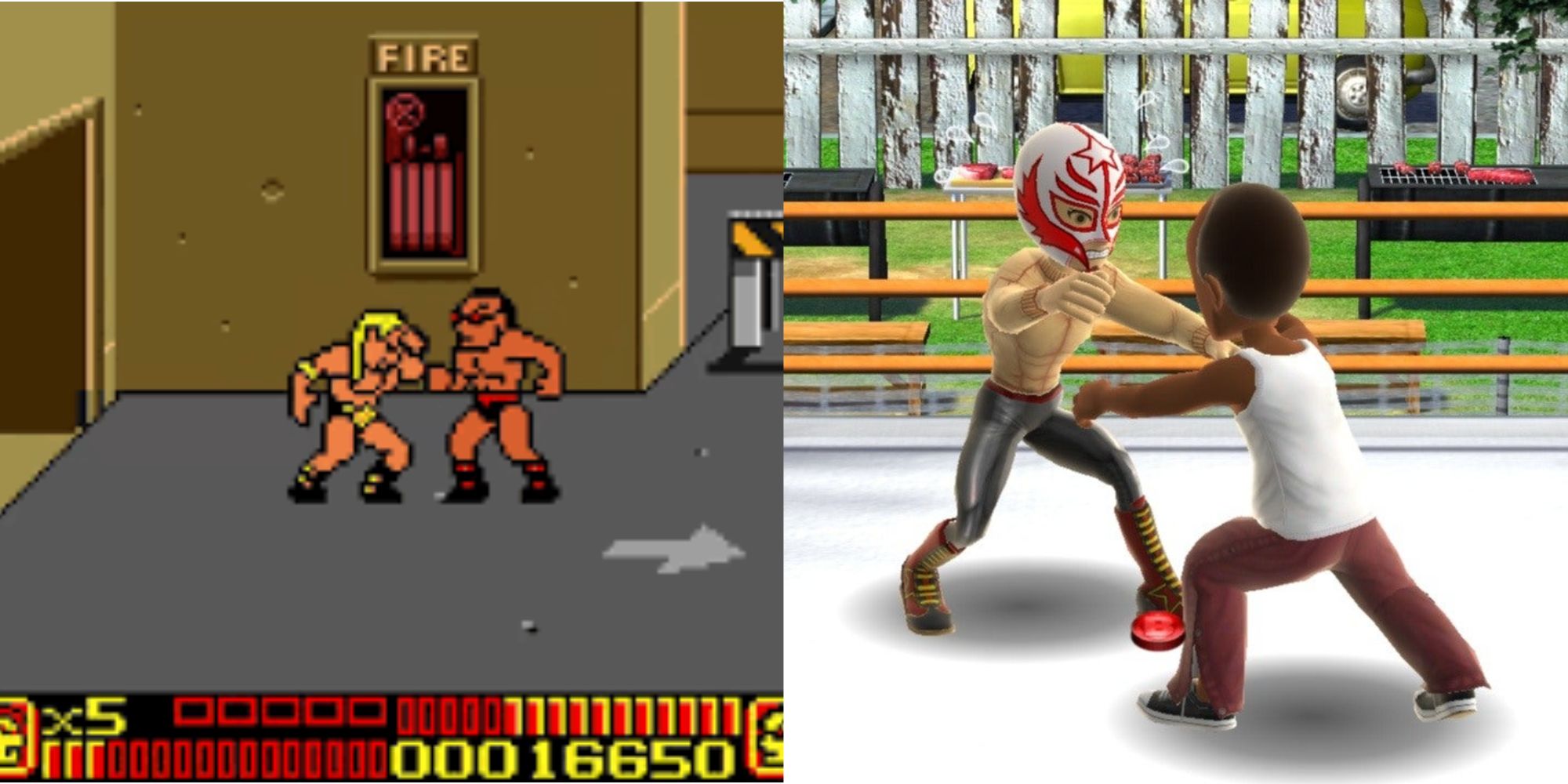 Split images of WWF Attitude and Fire Pro Wrestling