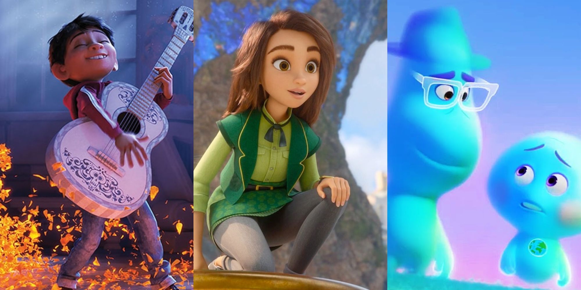 Split images of boy playing guitar in Coco, a girl crouching in Luck, and two souls looking at each other in Soul