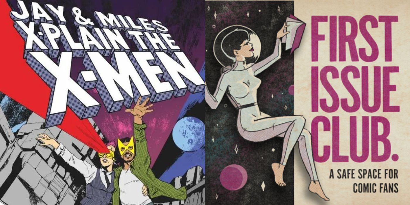 Split images of comic book podcast artworks